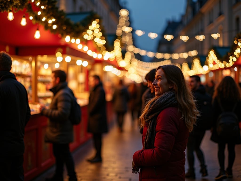 American family exploring UK Christmas market with red, green, and gold festive lights in the evening