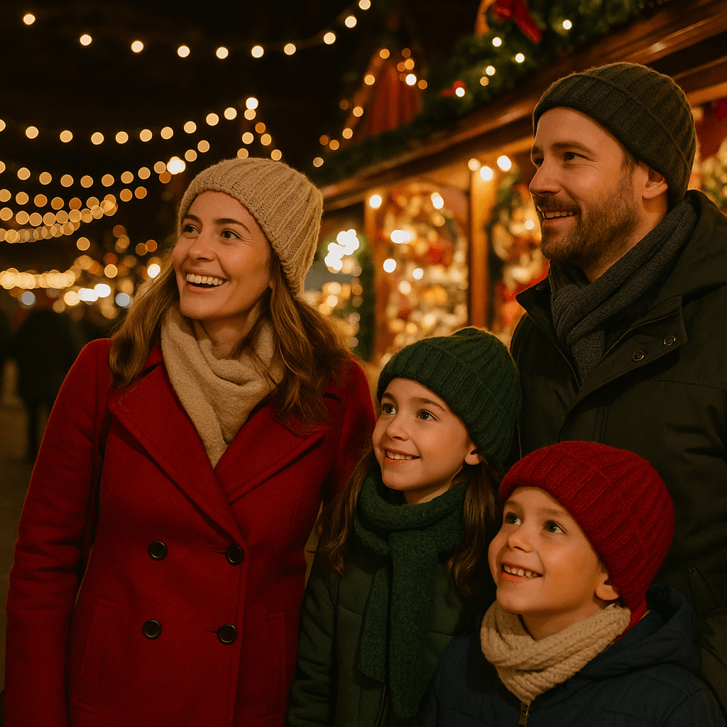 American family enjoying evening at festive UK Christmas market with lights and decorations