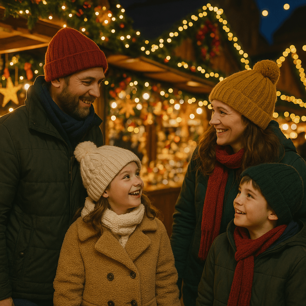 American family enjoys evening at UK Christmas market with festive lights