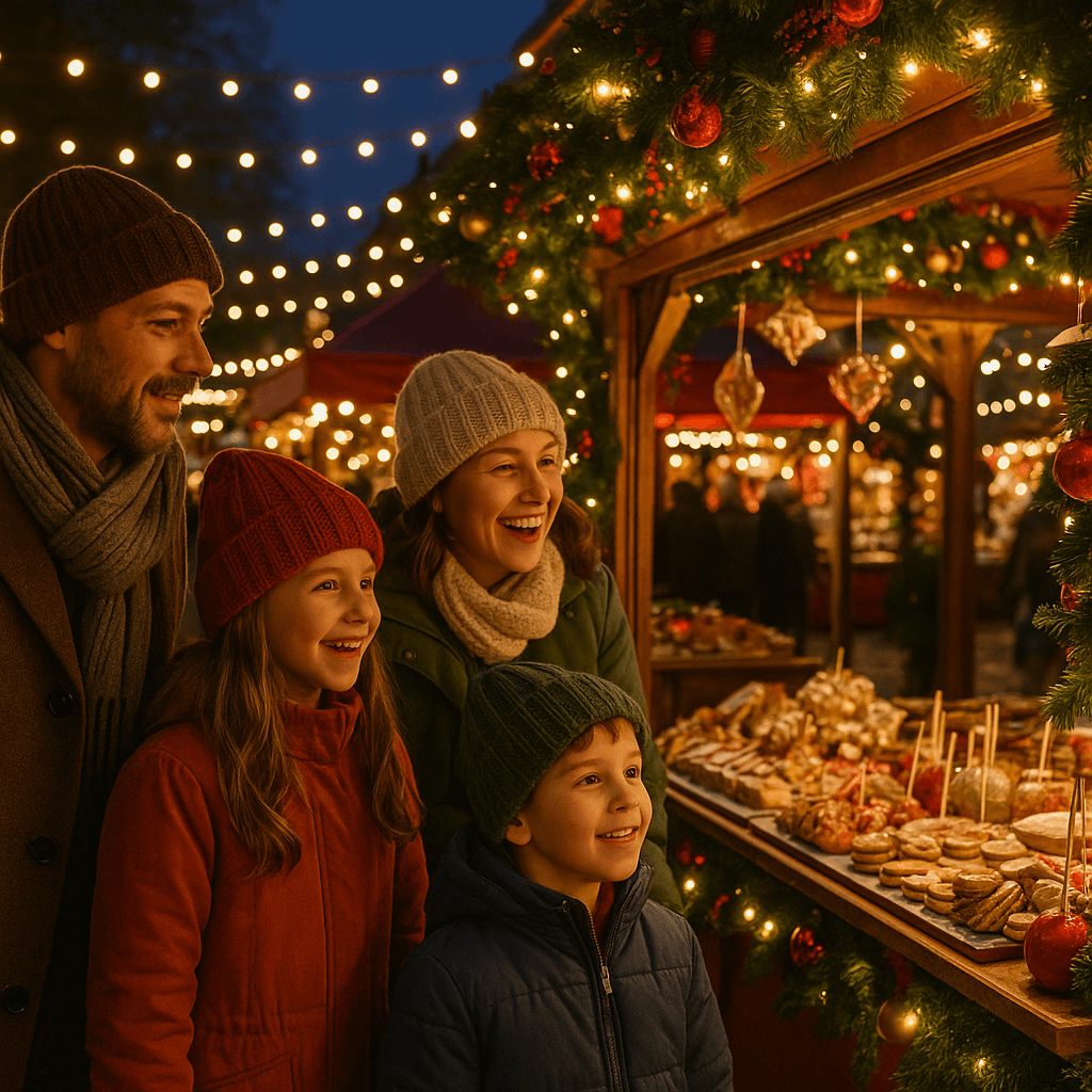 US family exploring outdoor UK Christmas market with gold lights