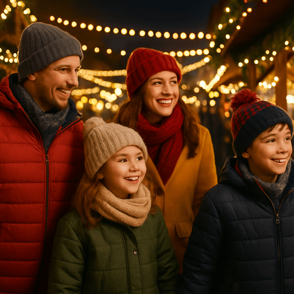 American family enjoying a UK Christmas market with festive lights