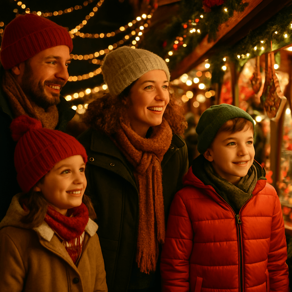 American family exploring UK Christmas market with evening lights