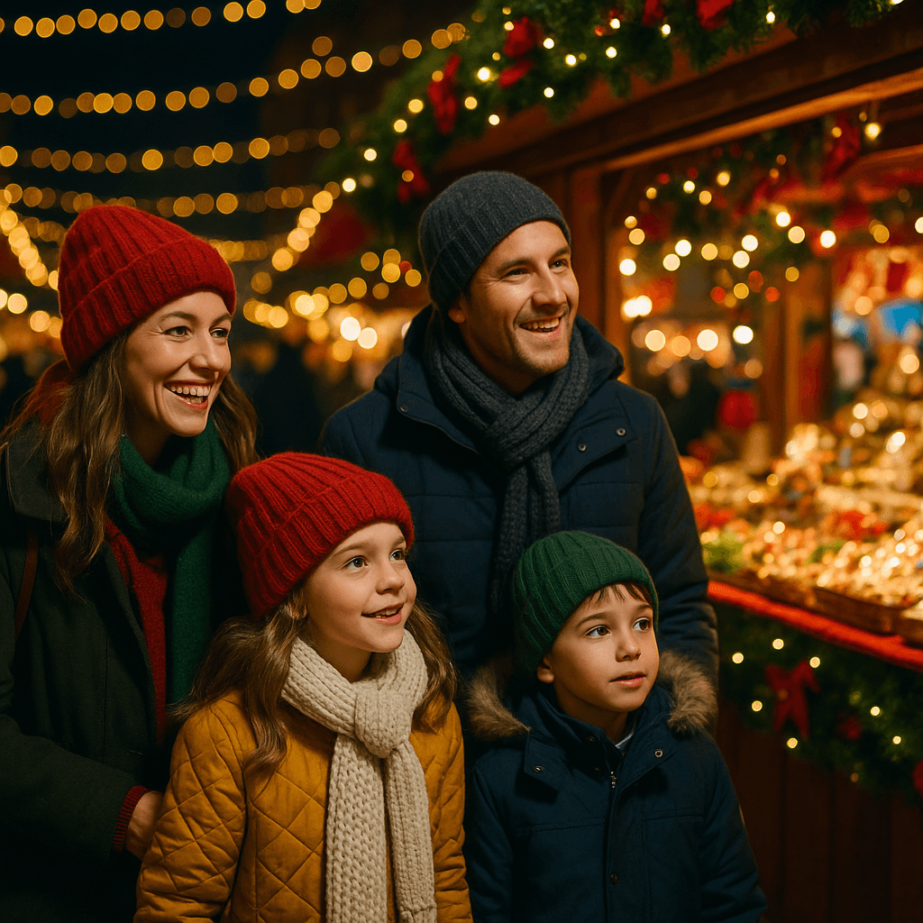 American family explores UK Christmas market under evening lights
