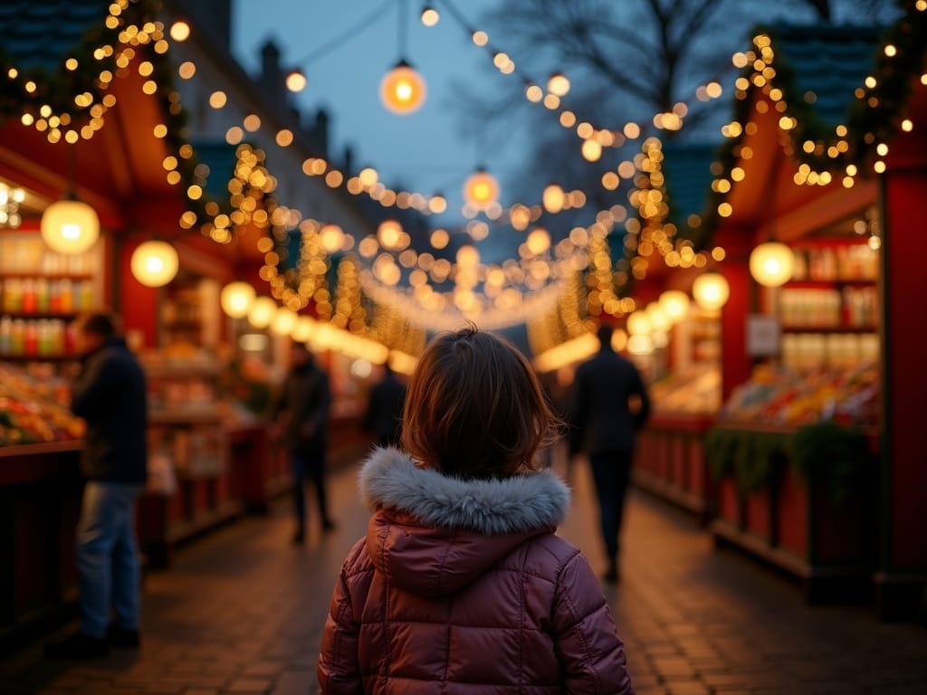 US family enjoying a UK Christmas market at night with red, green, and gold festive lights