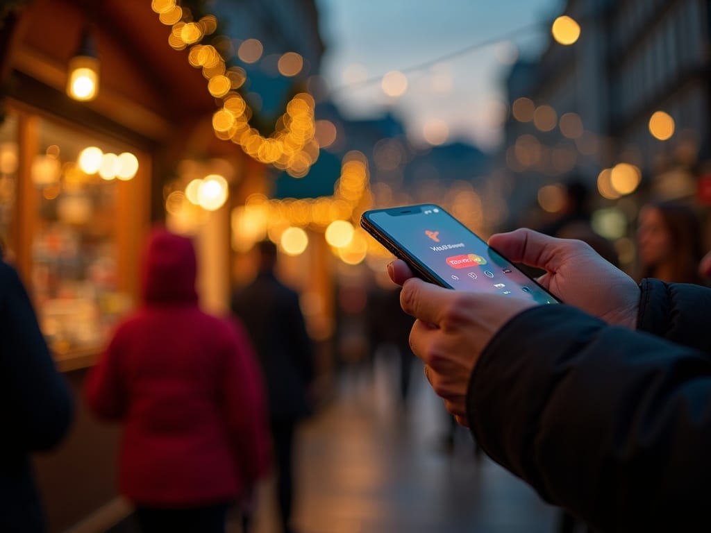 American family exploring outdoor UK Christmas market at night with red, green, and gold holiday lights