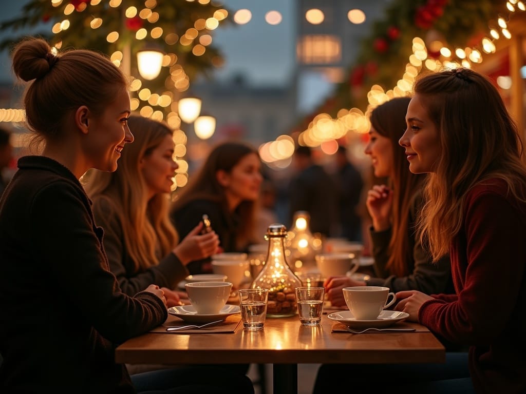 American family explores UK Christmas market under festive red, green, and gold evening lights