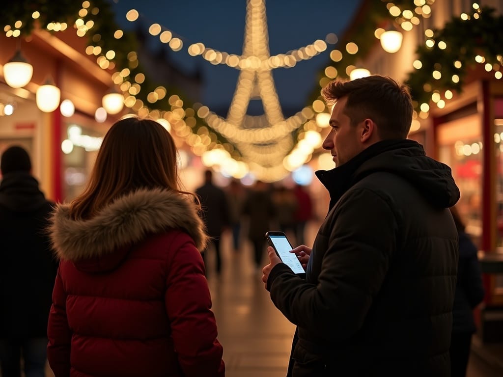 American family exploring UK Christmas market with bright lights and holiday decor