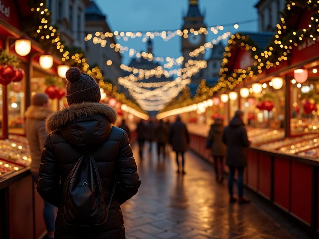 American family enjoying UK outdoor Christmas market with festive lights