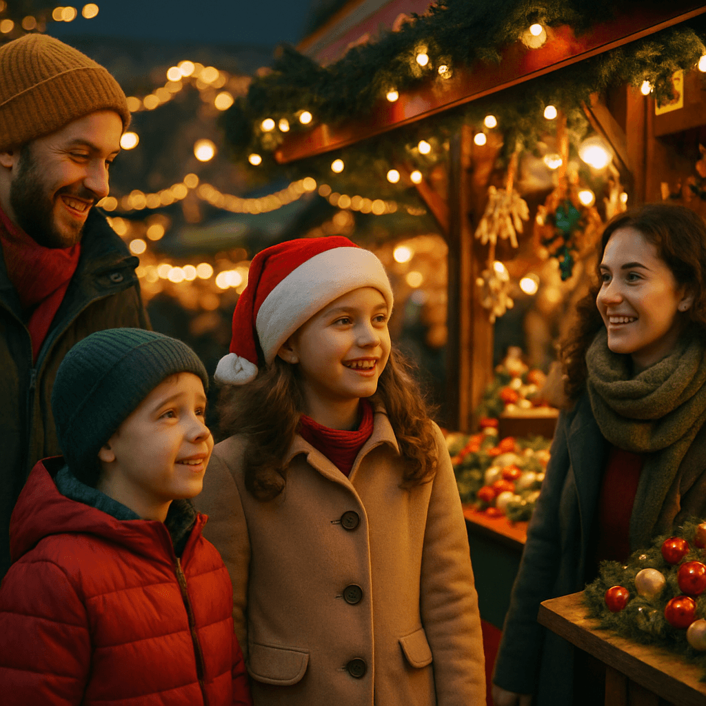 US family enjoys a UK outdoor Christmas market at night with festive red, green, and gold lights