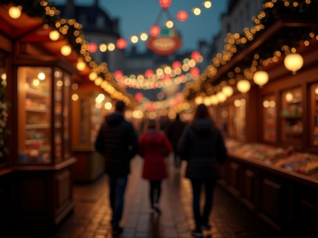 American family exploring a UK Christmas market at night with red, green, and gold lights