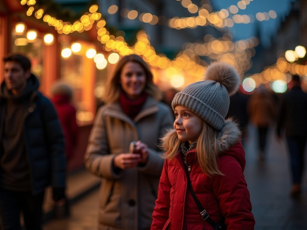 American family exploring a UK Christmas market under festive evening lights