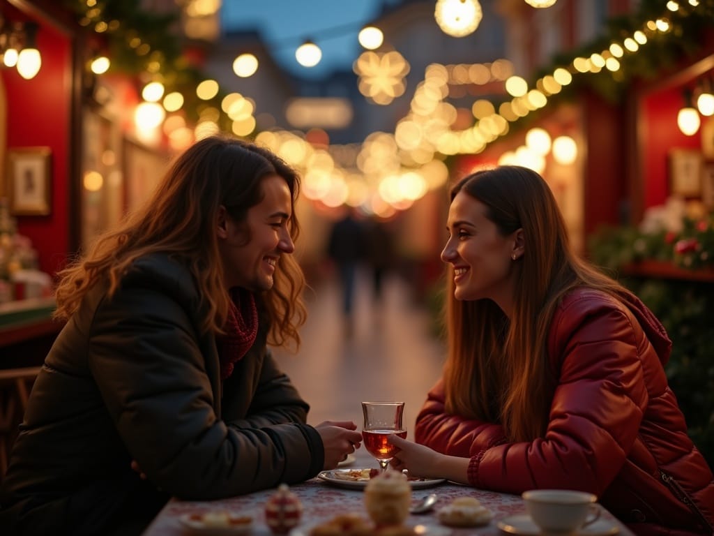 American family enjoys festive evening at UK outdoor Christmas market with red, green, and gold lights
