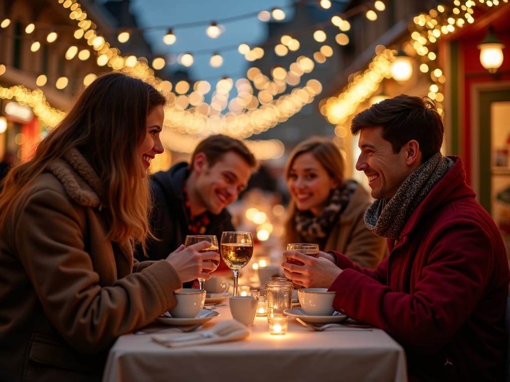 American family enjoying UK Christmas market under festive evening lights