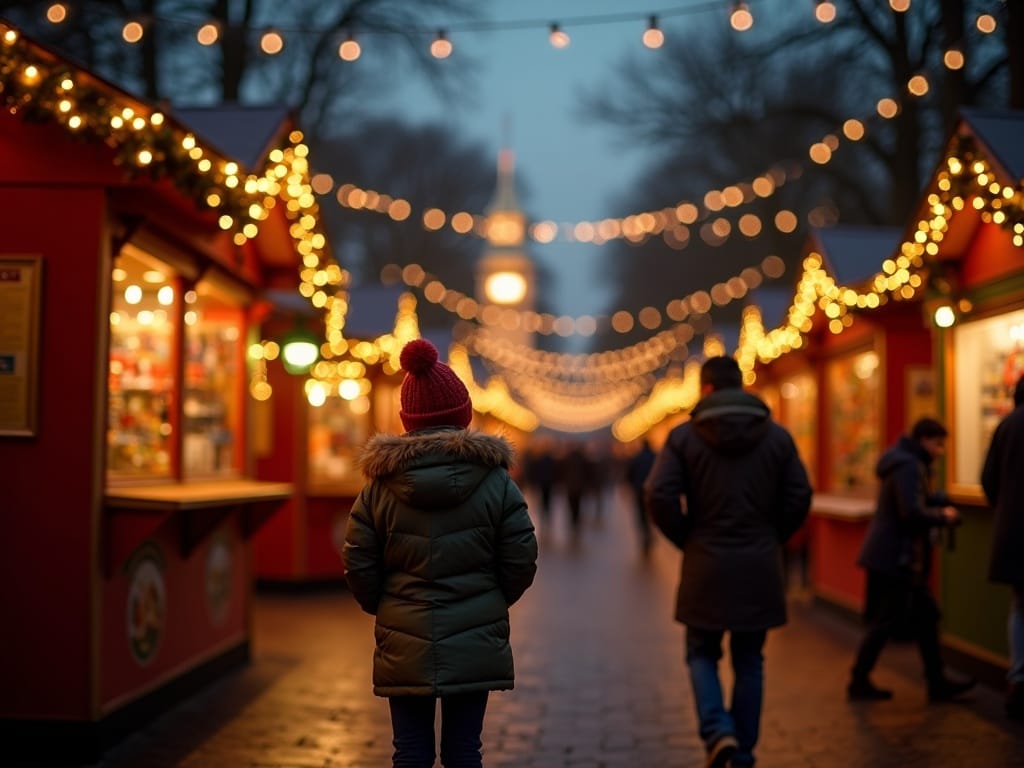 American family walking through festive UK Christmas market with lights