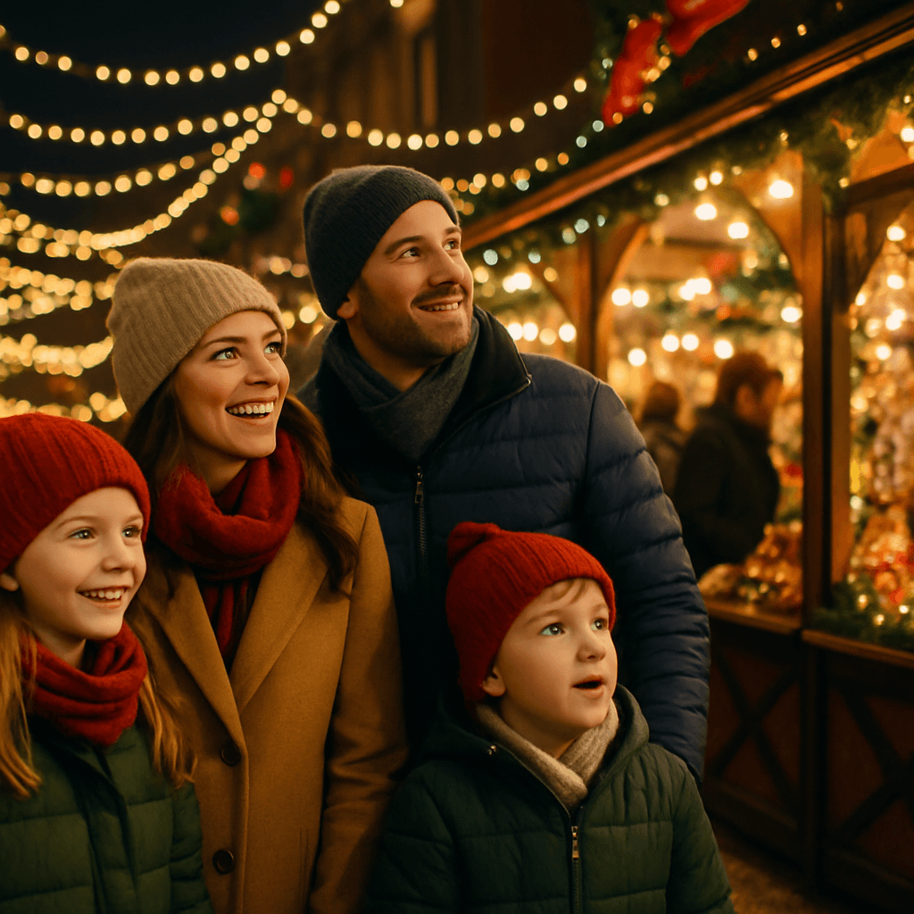 American family explores festive UK Christmas market with evening lights