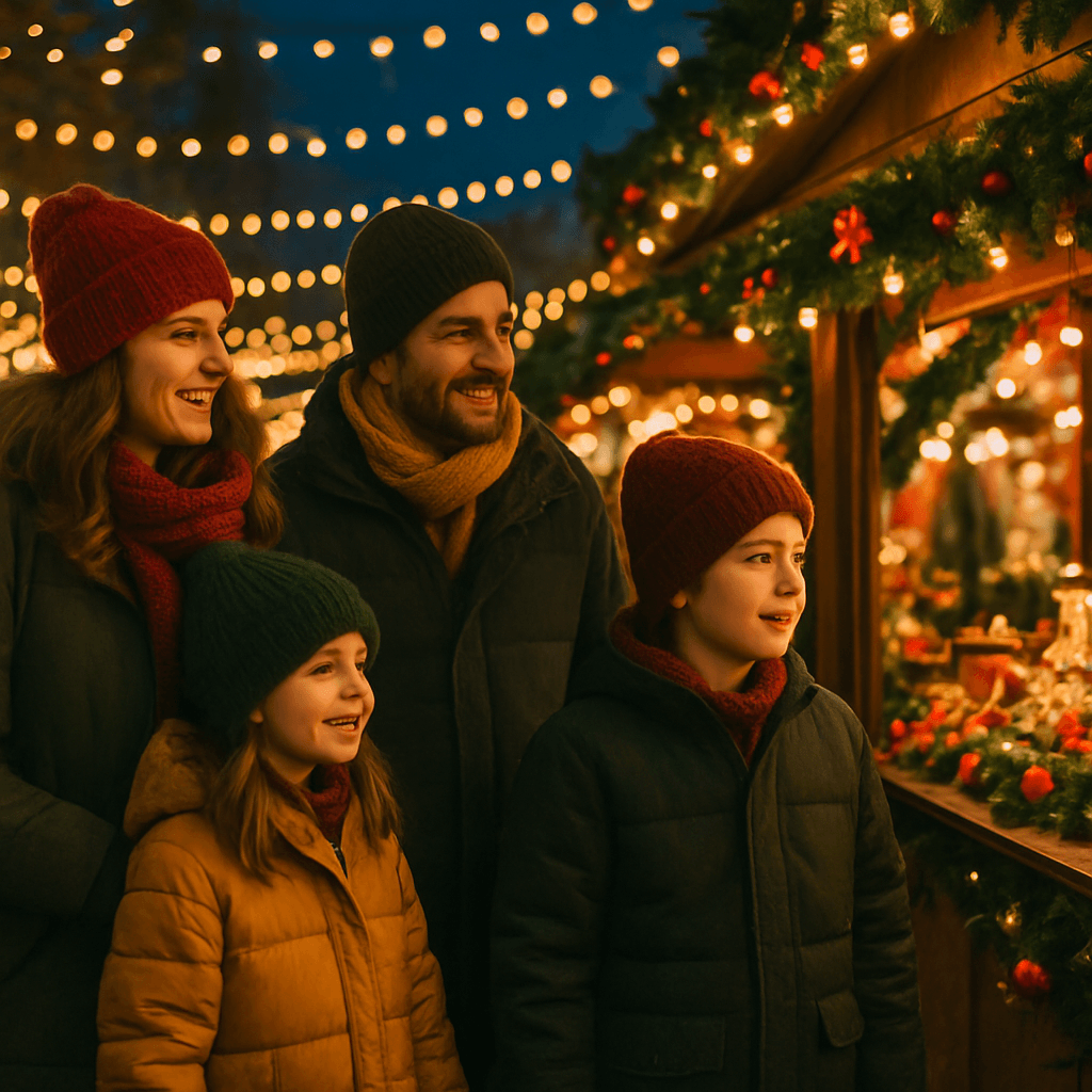 American family at a UK outdoor Christmas market under festive evening lights