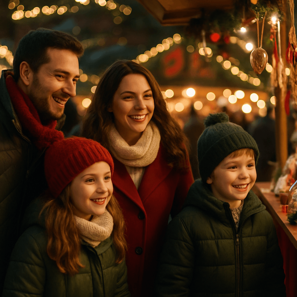 American family exploring UK Christmas market under festive evening lights