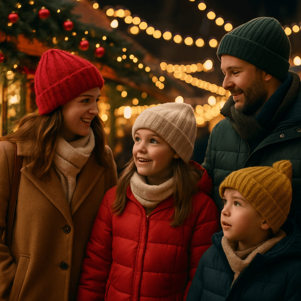 American family exploring a festive UK Christmas market at night under red, green, and gold lights