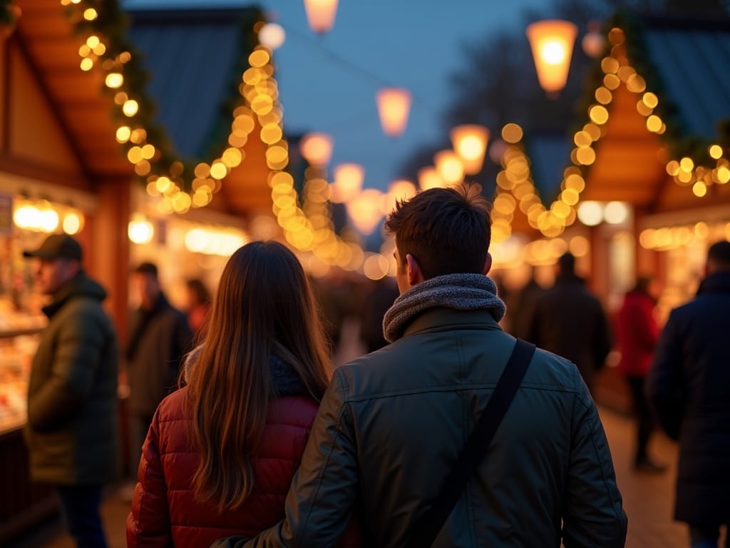 US family walking through festive UK Christmas market with evening lights