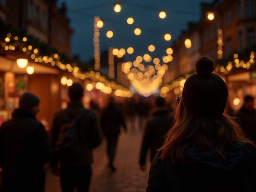 American family exploring UK Christmas market in evening glow with festive lights and holiday decorations