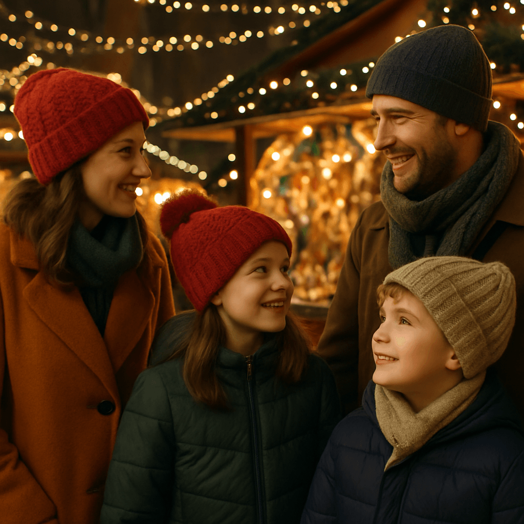US family exploring a UK Christmas market at night with festive red, green, and gold lights
