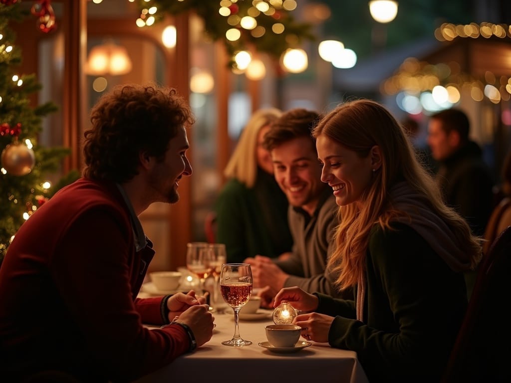 American family exploring British outdoor Christmas market with lights