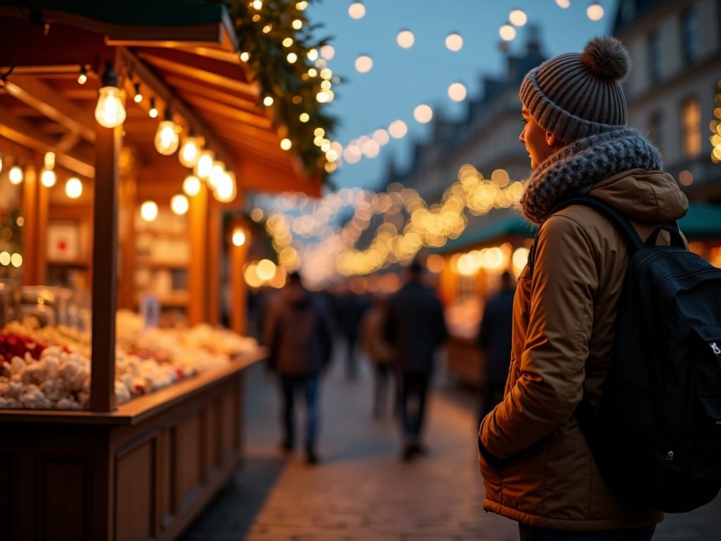 American family at UK Christmas market enjoying evening under red, green, and gold festive lights