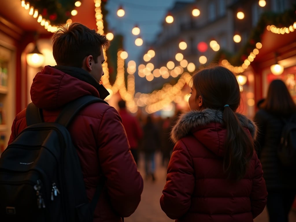 American family exploring outdoor UK Christmas market with twinkling evening lights