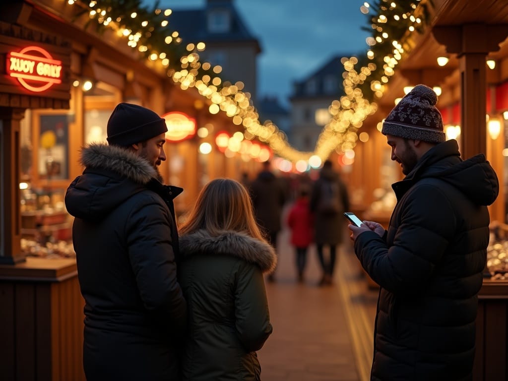 American family at UK Christmas market under festive evening lights