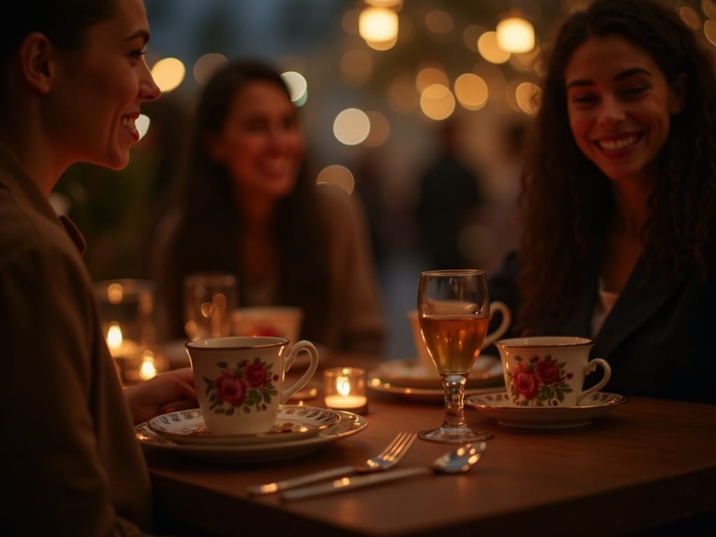 American family at UK Christmas market with holiday lights and festive stalls