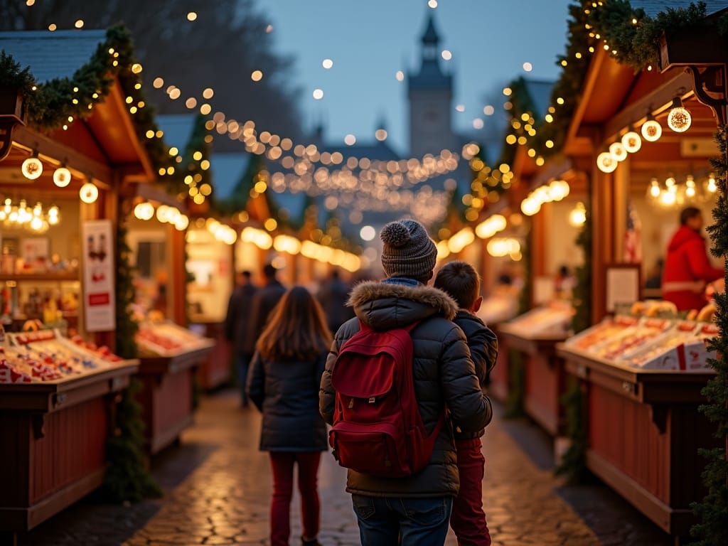 Family enjoying festive evening at outdoor UK Christmas market with lights and decorations