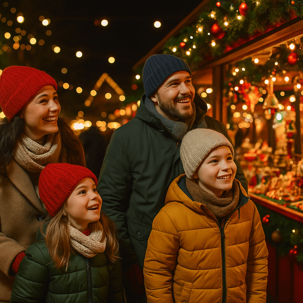 American family enjoying festive UK Christmas market under twinkling lights