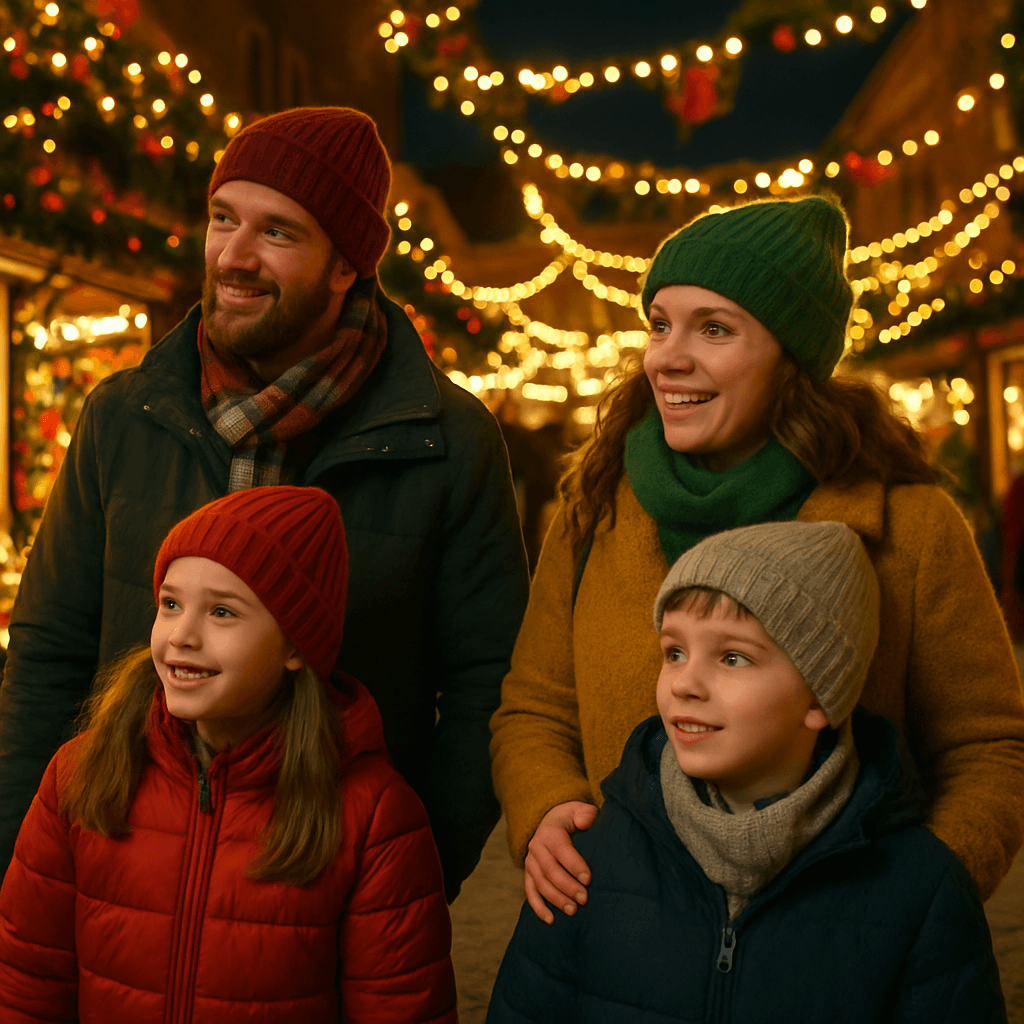 US family enjoying UK Christmas market under festive evening lights