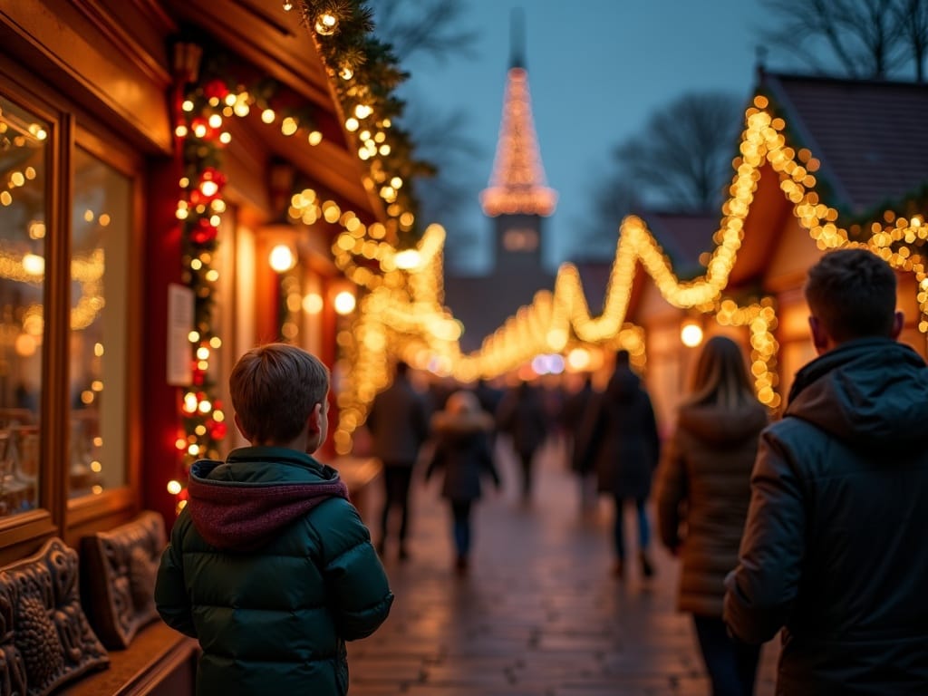 Family explores outdoor UK Christmas market with festive lights in evening