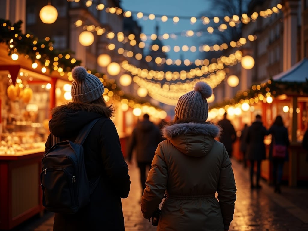 Family exploring a UK Christmas market with festive lights and holiday decorations in the evening