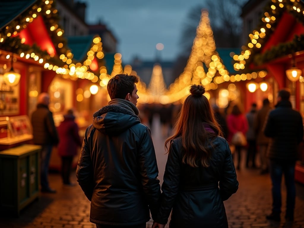 Family enjoying festive lights at outdoor UK Christmas market in evening