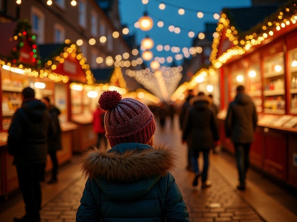 American family exploring UK Christmas market at night with lights
