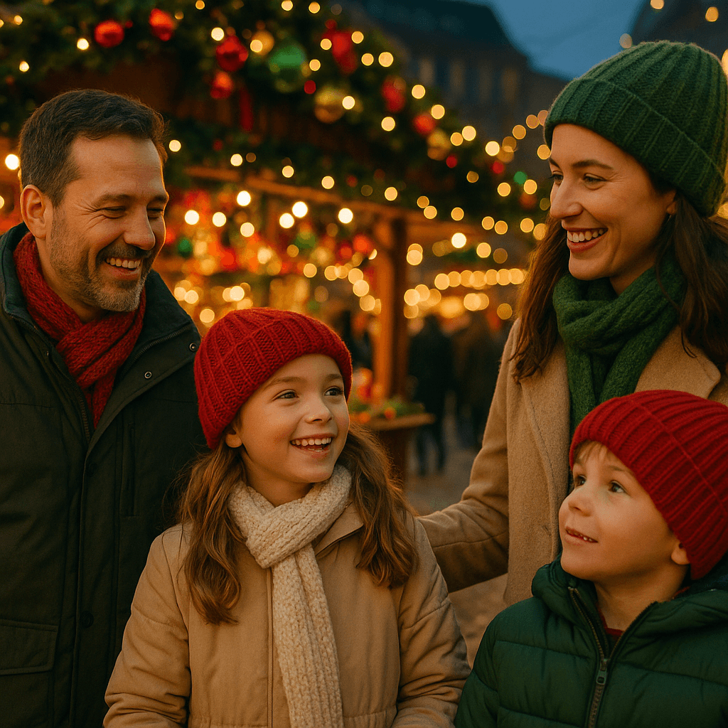 Family exploring festive UK Christmas market under evening lights