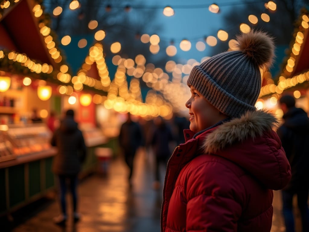 Family exploring a UK Christmas market in the evening under festive red, green, and gold lights
