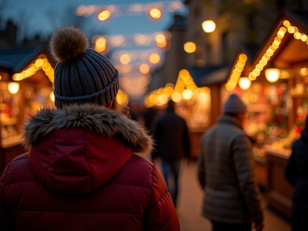 American family enjoying a UK Christmas market with festive lights at night