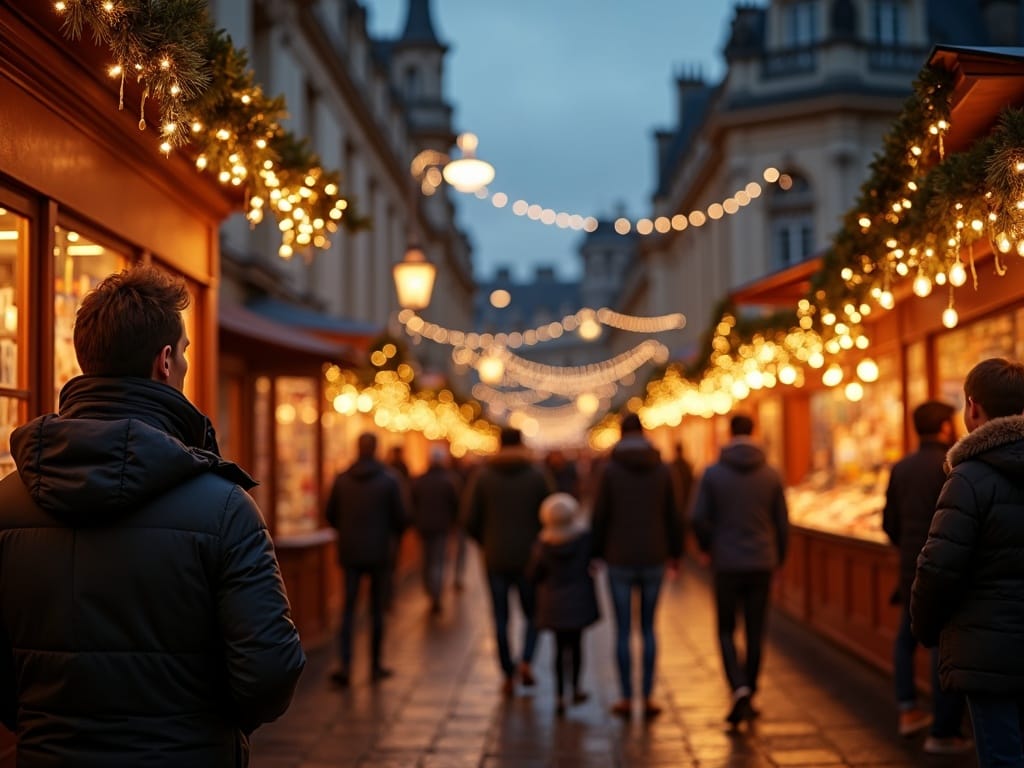 American family exploring festive UK Christmas market with lights