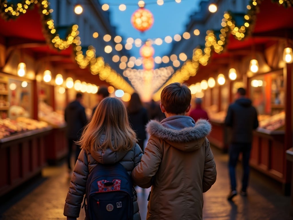Family explores a festive UK Christmas market with red, green, and gold lights in the evening