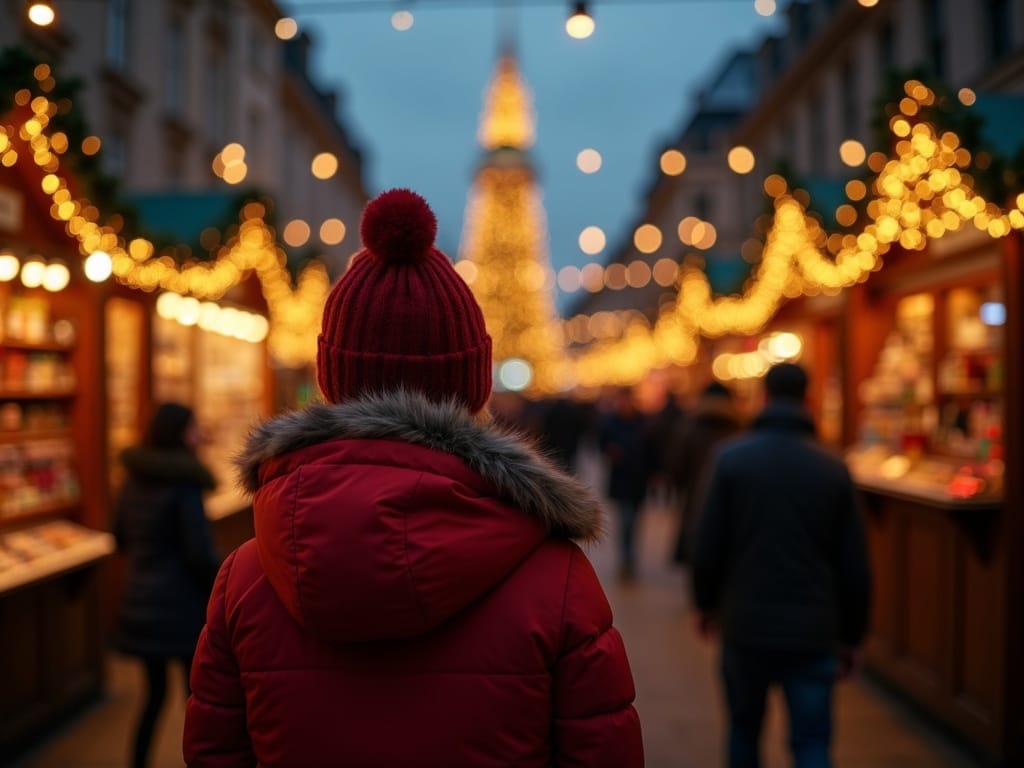 American family enjoys evening at UK Christmas market with festive lights