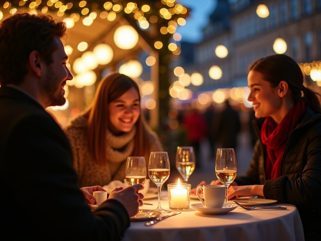 Family enjoying a UK Christmas market with festive lights in the evening