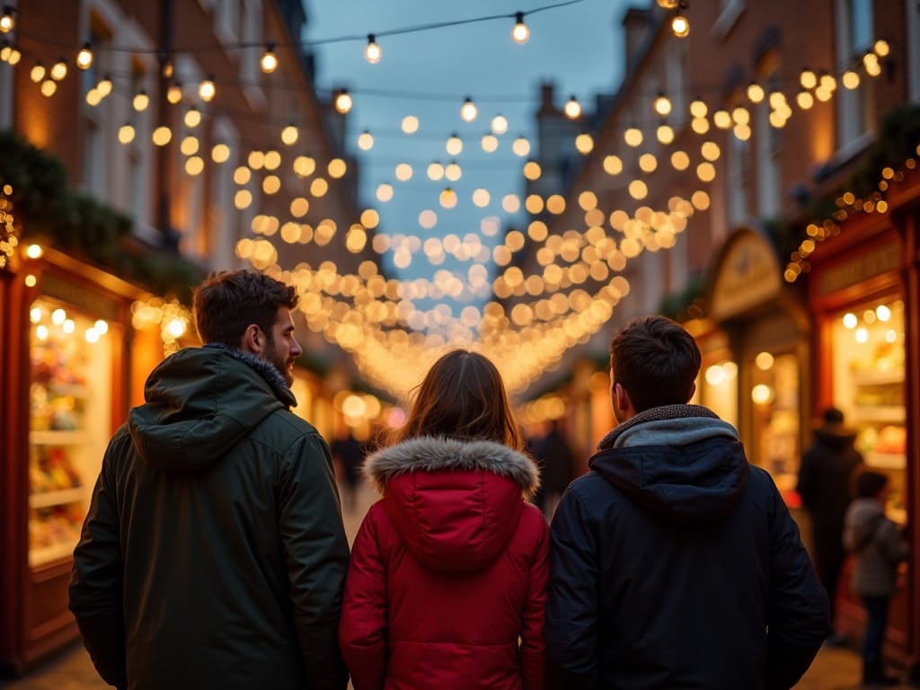 American family enjoying a Christmas market in London with red, green, and gold lights