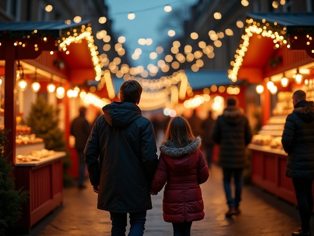 American family enjoying a UK Christmas market lit with festive lights in the evening