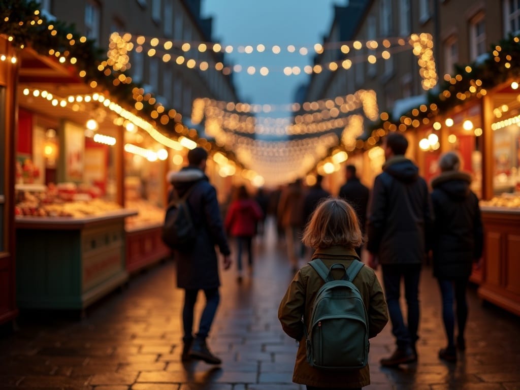American family exploring a UK outdoor Christmas market with festive lights