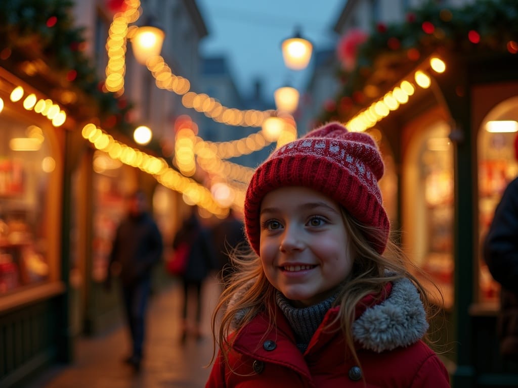 Family enjoying an evening at a UK Christmas market with festive lights