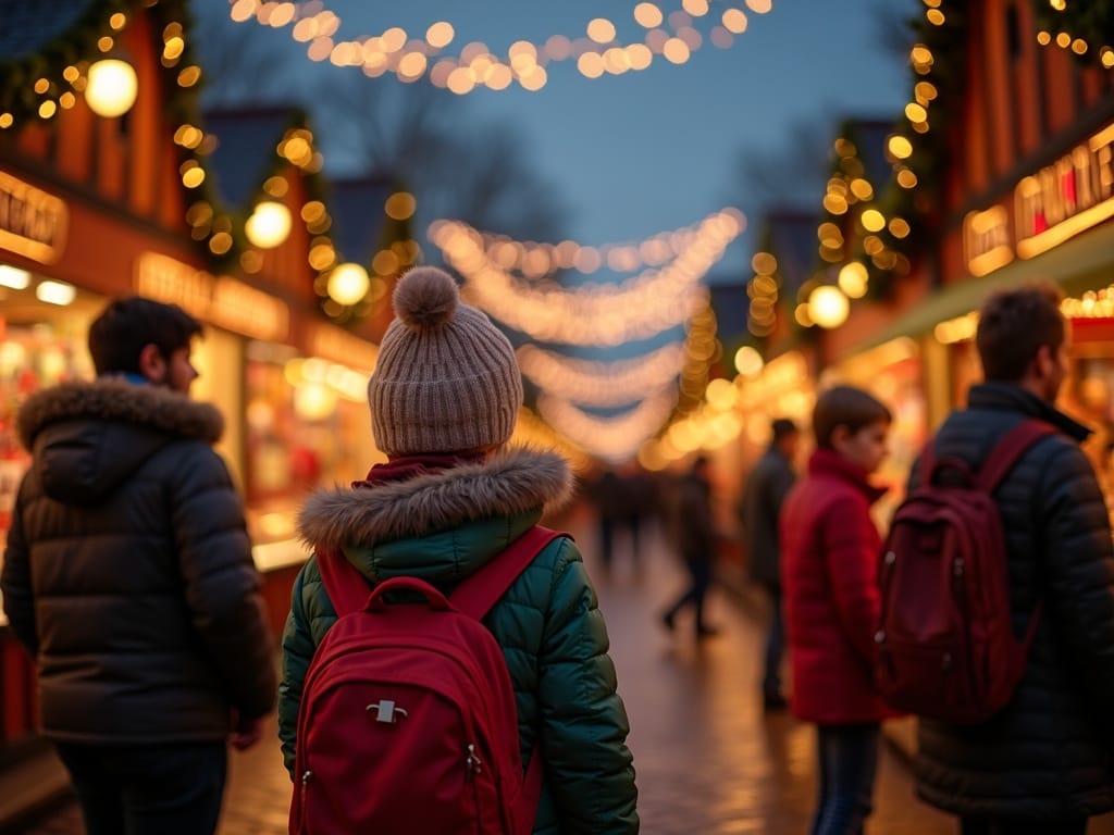 Family enjoying an evening at a UK Christmas market with festive lights