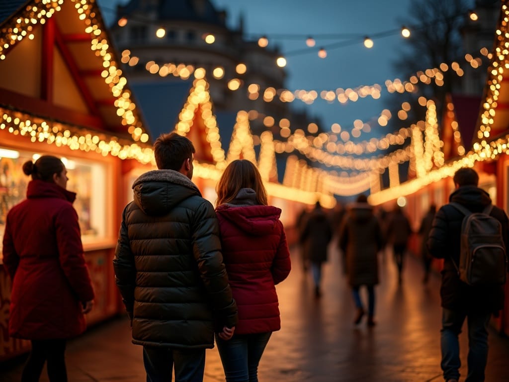 US family enjoying a London Christmas market with festive lights